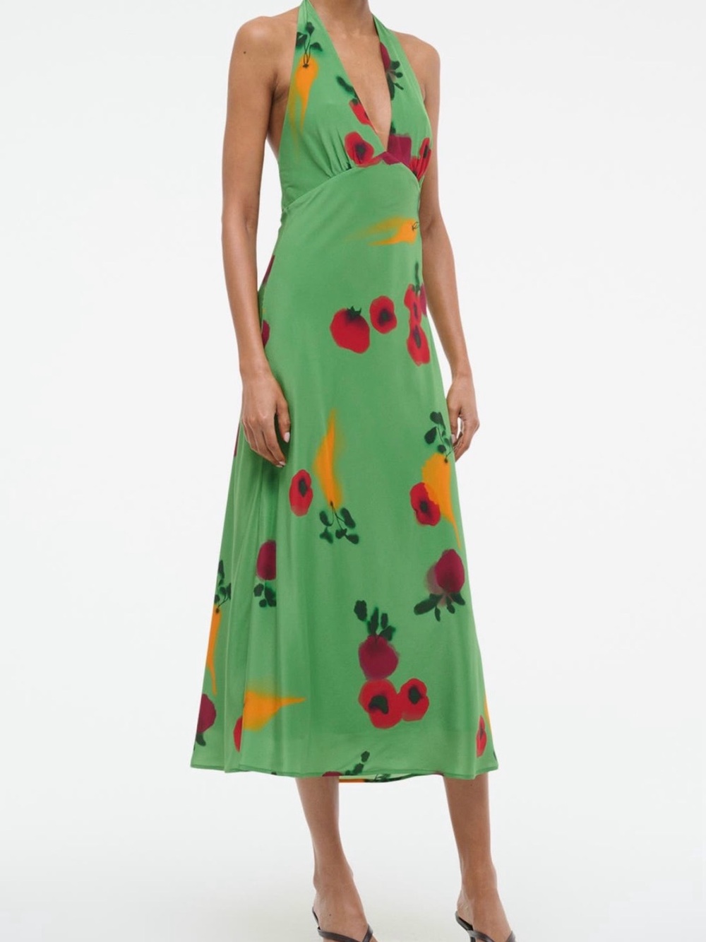STAUD Green Halter Midi Dress with Red and Orange Floral Print
